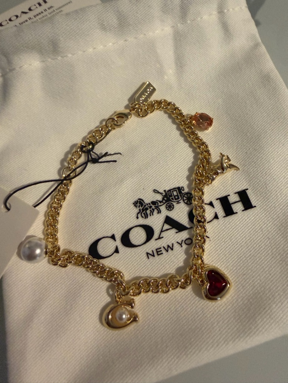 Viral Coach Gold Charm Bracelet with Red Heart and Pearl Charms - Picture 2 of 4
